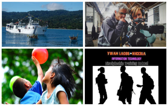Collage of four photos showing the a YWAM ship in PNG, camera crew, children playing a balloon, and a IT Discipleship Training School