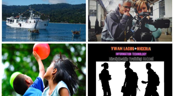 Collage of four photos showing the a YWAM ship in PNG, camera crew, children playing a balloon, and a IT Discipleship Training School