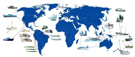 Global map with the waters being covered by YWAM Ships